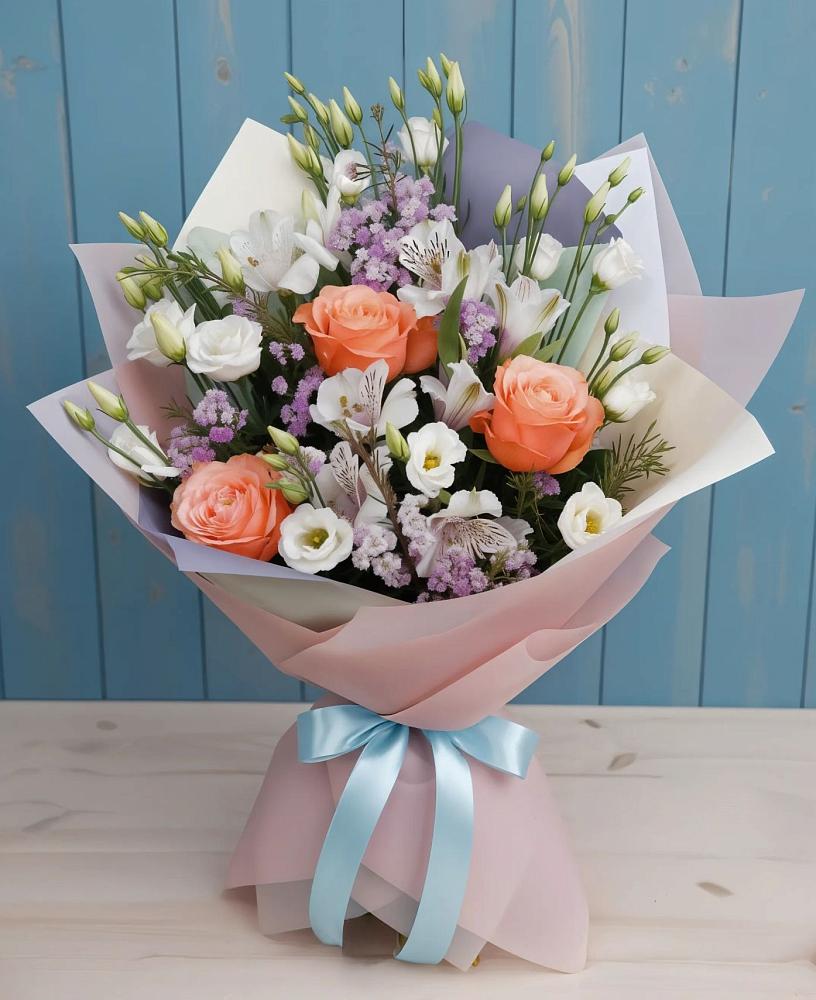 Букет цветов из: Лизиантусы, Розы, Альстромерии и Гипсофила в Сорочинске